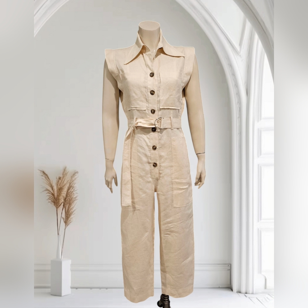 MARIA CHER Maupi Cream 100% Linen Belted Jumpsuit Romper XS